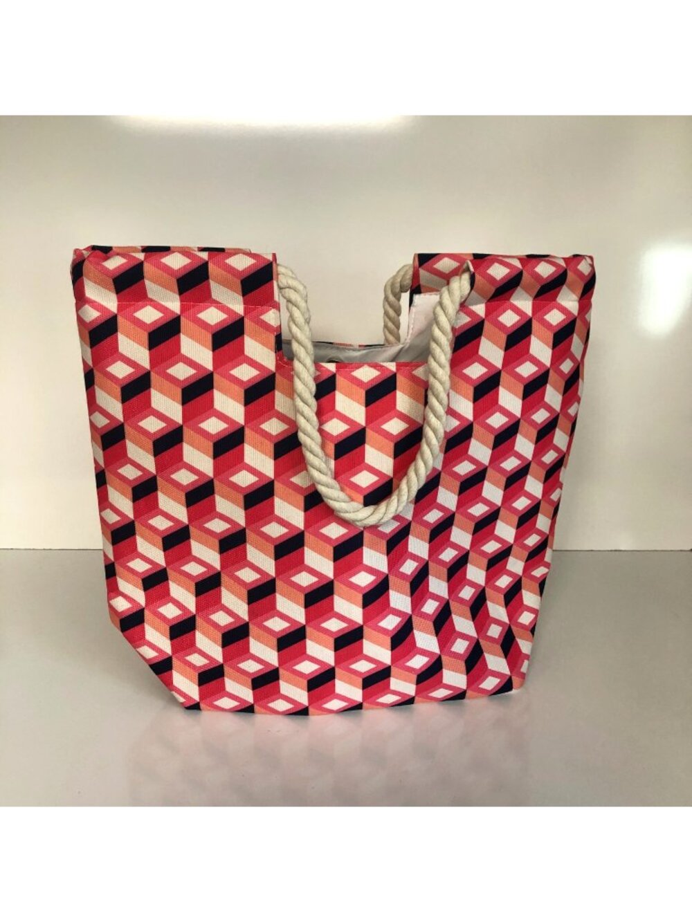 Macy’s Tote Bag Pink Navy Large Beach Travel Canvas Shoulder Rope Handles NEW